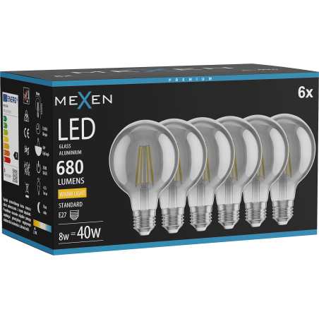 Mexen Vintis 6x LED-filamentlampa E27, G80, 8W, Varm - 2700K, 680 lm, rökfärgad - L155-E27-0827-70x06