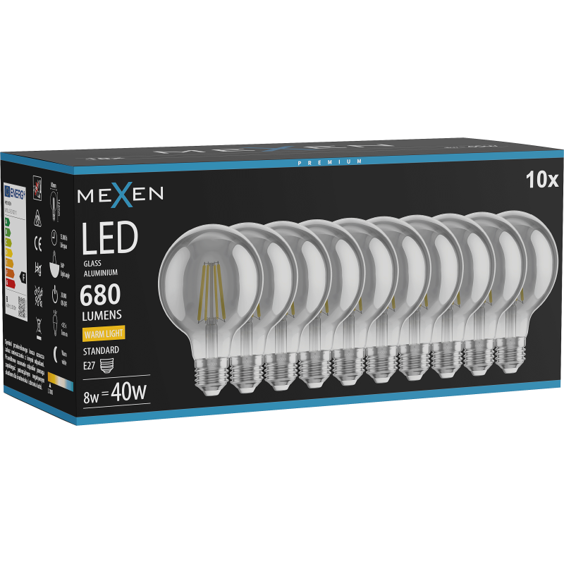 Mexen Vintis 10x LED-Filamentlampe E27, G80, 8W, Warm - 2700K, 680 lm, Rauch - L155-E27-0827-70x10