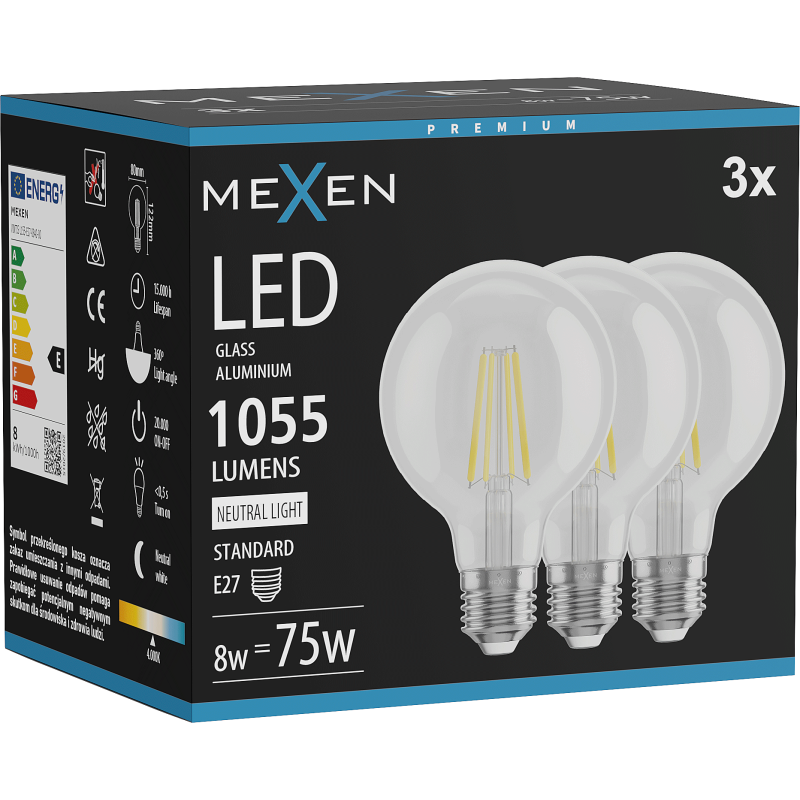 Mexen Vintis 3x LED E27 kvēldiega spuldze, G80, 8W, Neitrāla - 4000K, 1055 lm, caurspīdīga - L155-E27-0840-00x03
