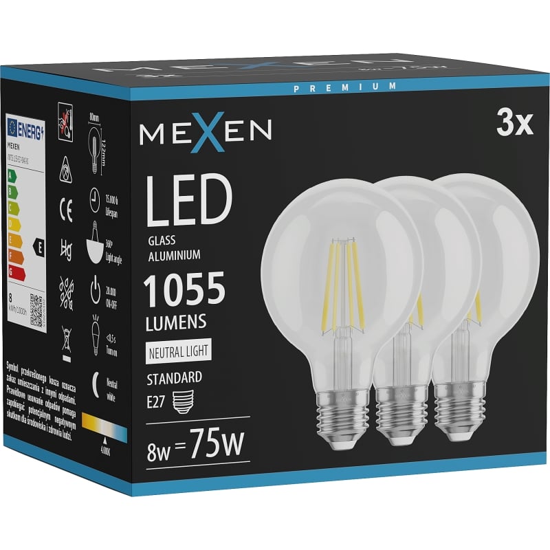 Mexen Vintis 3x LED-filamentlampa E27, G80, 8W, Neutral - 4000K, 1055 lm, klar - L155-E27-0840-00x03