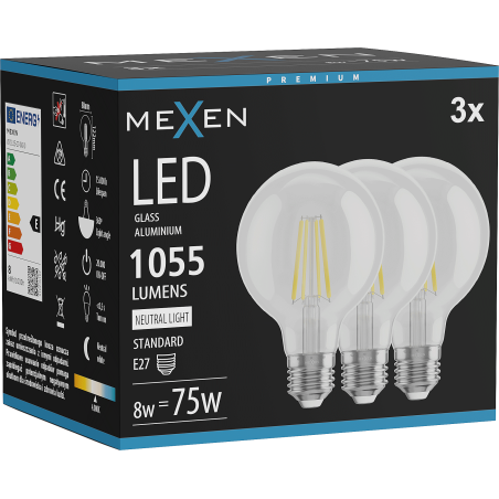 Mexen Vintis 3x LED-filamentlampa E27, G80, 8W, Neutral - 4000K, 1055 lm, klar - L155-E27-0840-00x03