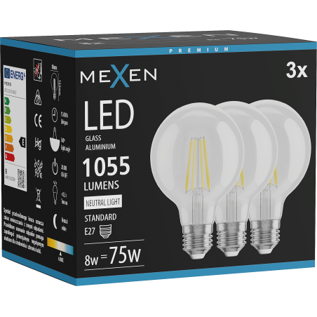 Mexen Vintis 3x LED-Filamentlampe E27, G80, 8W, Neutral - 4000K, 1055 lm, klar - L155-E27-0840-00x03