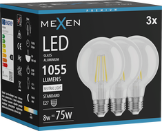 Mexen Vintis 3x LED filament žarnica E27, G80, 8W, Nevtralna - 4000K, 1055 lm, prozorna - L155-E27-0840-00x03