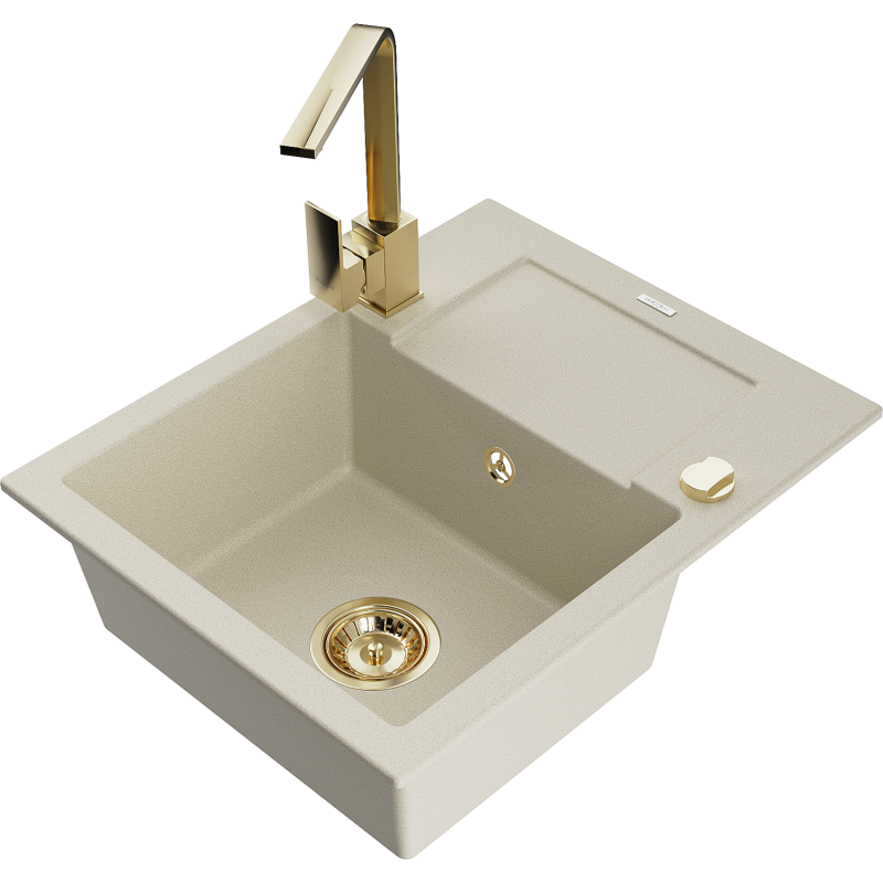 Mexen Enzo granieten spoelbak met 1 kuip, afdruiprek en keukenmengkraan Rita, beige - 6506-69-670300-50