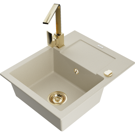 Mexen Enzo granieten spoelbak met 1 kuip, afdruiprek en keukenmengkraan Rita, beige - 6506-69-670300-50