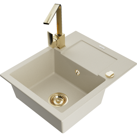 Mexen Enzo Granitspüle 1-Schüssel mit Abtropffläche und Küchenarmatur Rita, Beige - 6506-69-670300-50