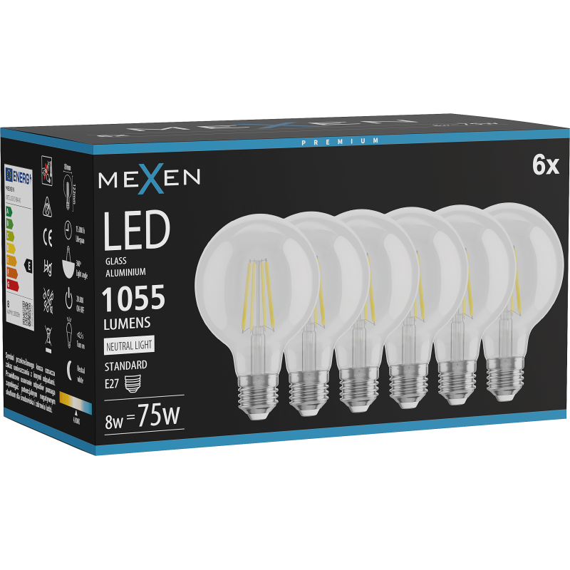 Mexen Vintis 6x Λάμπα LED Filament E27, G80, 8W, Ουδέτερο - 4000K, 1055 lm, διαφανές - L155-E27-0840-00x06