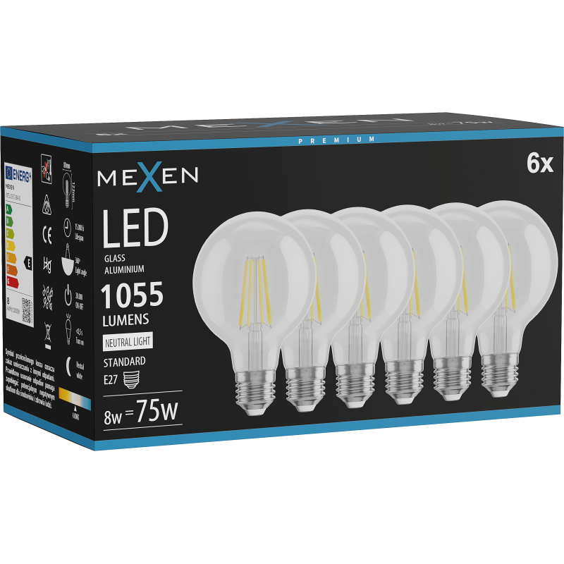 Mexen Vintis 6x LED Filament Bulb E27, G80, 8W, Neutral - 4000K, 1055 lm, clear - L155-E27-0840-00x06
