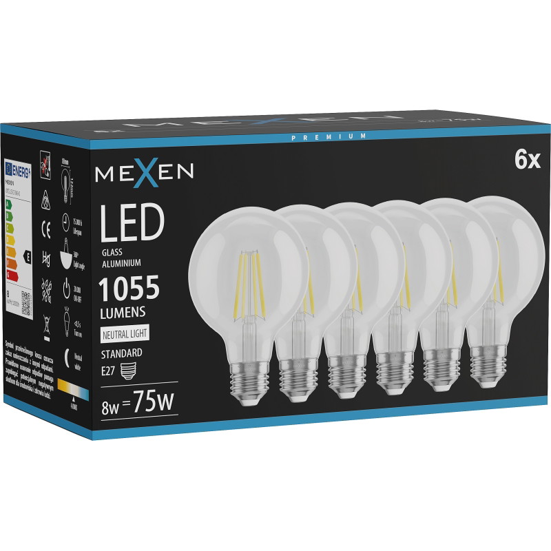 Mexen Vintis 6x LED filamentlampa E27, G80, 8W, Neutral - 4000K, 1055 lm, klar - L155-E27-0840-00x06