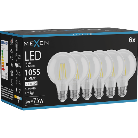 Mexen Vintis 6x LED filamenta spuldze E27, G80, 8W, Neitrāla - 4000K, 1055 lm, caurspīdīga - L155-E27-0840-00x06