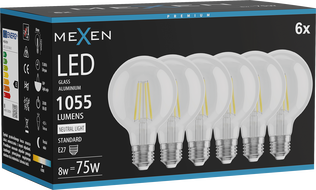 Mexen Vintis 6x LED filamendiga pirn E27, G80, 8W, Neutraalne - 4000K, 1055 lm, läbipaistev - L155-E27-0840-00x06