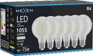 Mexen Vintis 6x żarówka filament LED E27, G80, 8W, Neutralna - 4000K, 1055 lm, clear - L155-E27-0840-00x06