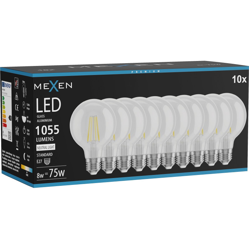 Mexen Vintis 10x Bombilla de filamento LED E27, G80, 8W, Neutra - 4000K, 1055 lm, clara - L155-E27-0840-00x10