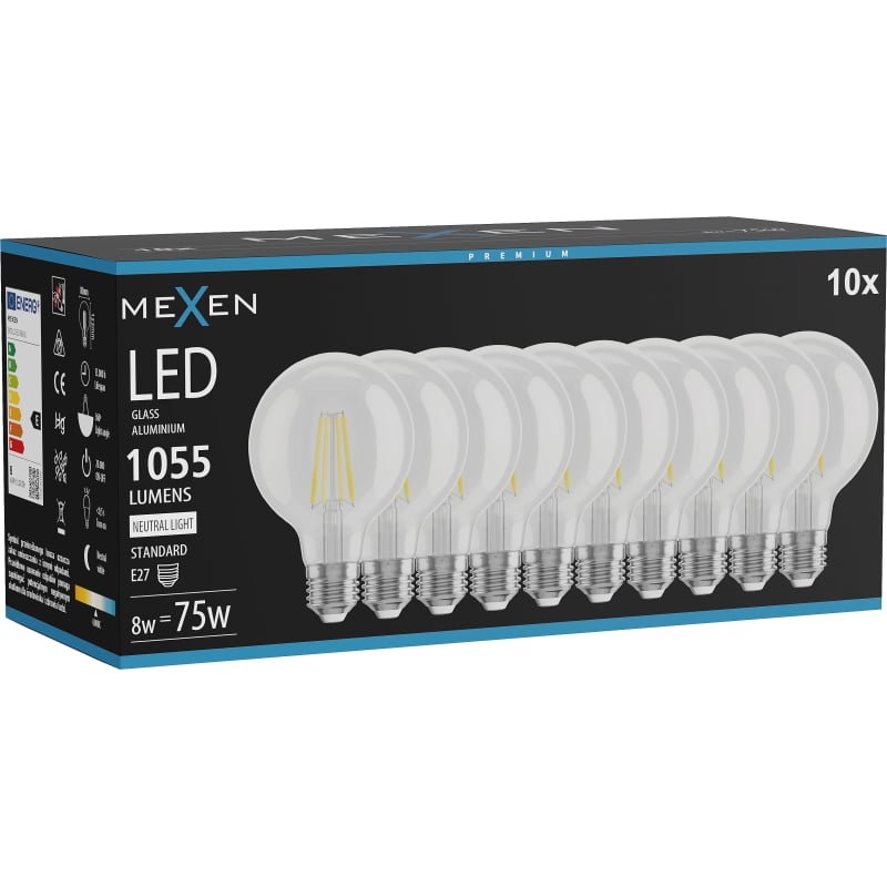 Mexen Vintis 10x LED-Filament-Glühbirne E27, G80, 8W, Neutral - 4000K, 1055 lm, klar - L155-E27-0840-00x10