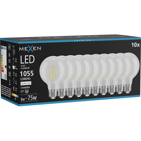 Mexen Vintis 10x LED E27 kvēlspuldze, G80, 8W, Neitrāla - 4000K, 1055 lm, caurspīdīga - L155-E27-0840-00x10