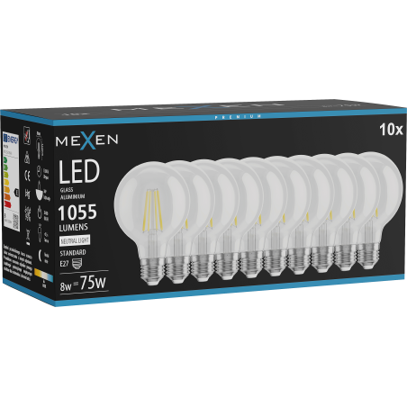 Mexen Vintis 10x LED filamentlampa E27, G80, 8W, Neutral - 4000K, 1055 lm, klar - L155-E27-0840-00x10