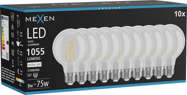 Mexen Vintis 10x LED-filamentlamp E27, G80, 8W, Neutraalne - 4000K, 1055 lm, läbipaistev - L155-E27-0840-00x10
