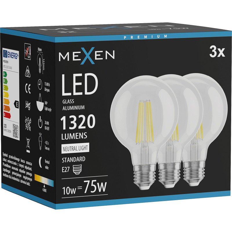 Mexen Vintis 3x Lampadina a filamento LED E27, G80, 10W, Neutro - 4000K, 1320 lm, chiaro - L155-E27-1040-00x03