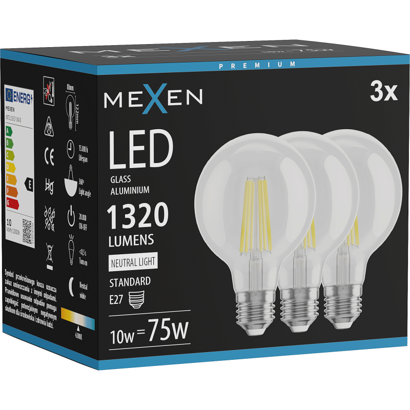Mexen Vintis 3x LED-Filament-Glühbirne E27, G80, 10W, Neutral - 4000K, 1320 lm, klar - L155-E27-1040-00x03