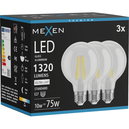 Mexen Vintis 3x LED filamentlampa E27, G80, 10W, Neutral - 4000K, 1320 lm, klar - L155-E27-1040-00x03