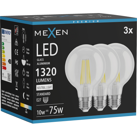 Mexen Vintis 3x LED pavediena spuldze E27, G80, 10W, Neitrāla - 4000K, 1320 lm, caurspīdīga - L155-E27-1040-00x03