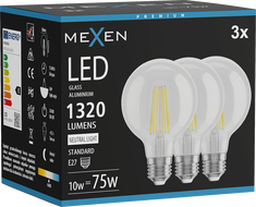 Mexen Vintis 3x LED-filamentlamp E27, G80, 10W, Neutraalne - 4000K, 1320 lm, läbipaistev - L155-E27-1040-00x03