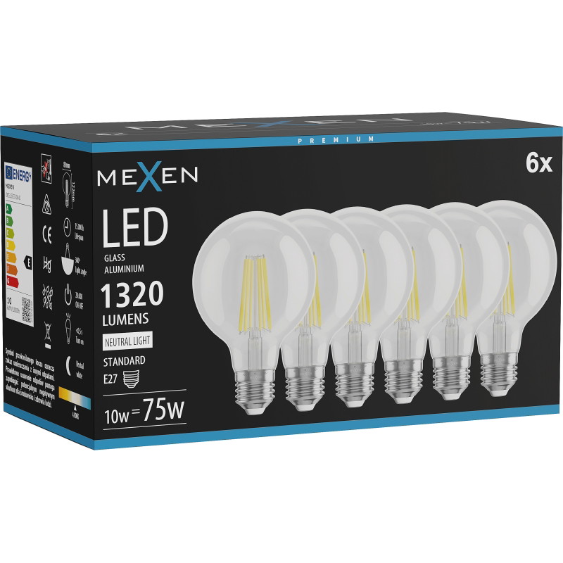 Mexen Vintis 6x Bombilla LED de filamento E27, G80, 10W, Neutra - 4000K, 1320 lm, clara - L155-E27-1040-00x06