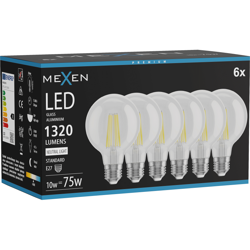 Mexen Vintis 6x Filamenta LED spuldze E27, G80, 10W, Neitrāla - 4000K, 1320 lm, caurspīdīga - L155-E27-1040-00x06