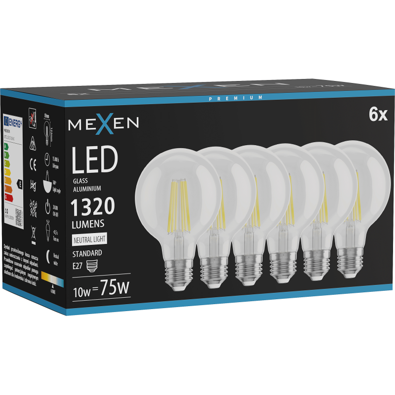 Mexen Vintis 6x żarówka filament LED E27, G80, 10W, Neutralna - 4000K, 1320 lm, clear - L155-E27-1040-00x06