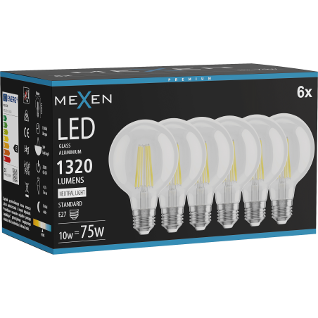 Mexen Vintis 6x Filamenta LED spuldze E27, G80, 10W, Neitrāla - 4000K, 1320 lm, caurspīdīga - L155-E27-1040-00x06