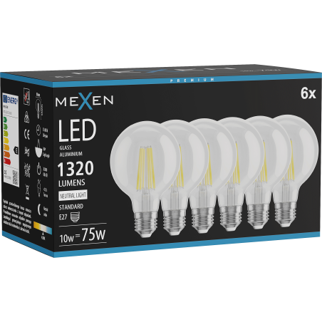 Mexen Vintis 6x żarówka filament LED E27, G80, 10W, Neutralna - 4000K, 1320 lm, clear - L155-E27-1040-00x06
