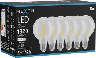 Mexen Vintis 6x Hõõgniitpirn LED E27, G80, 10W, Neutraalne - 4000K, 1320 lm, läbipaistev - L155-E27-1040-00x06