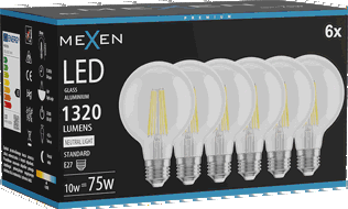 Mexen Vintis 6x żarówka filament LED E27, G80, 10W, Neutralna - 4000K, 1320 lm, clear - L155-E27-1040-00x06