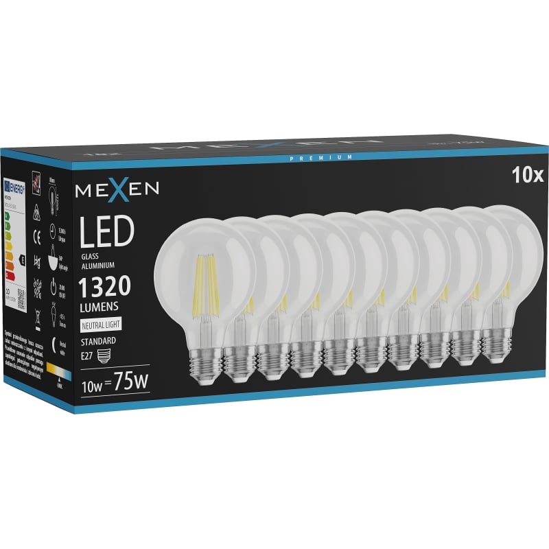 Mexen Vintis 10x LED filamentlampa E27, G80, 10W, Neutral - 4000K, 1320 lm, klar - L155-E27-1040-00x10