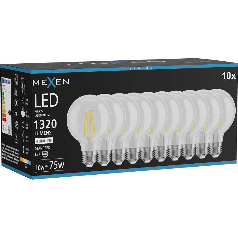 Mexen Vintis 10x LED-filamenttilamppu E27, G80, 10W, Neutraali - 4000K, 1320 lm, kirkas - L155-E27-1040-00x10