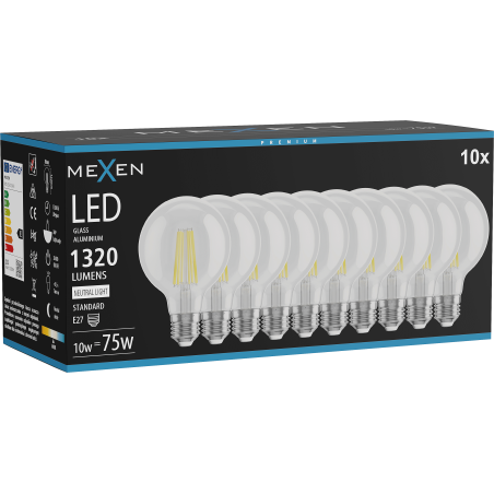 Mexen Vintis 10x Lampadina a filamento LED E27, G80, 10W, Neutro - 4000K, 1320 lm, trasparente - L155-E27-1040-00x10