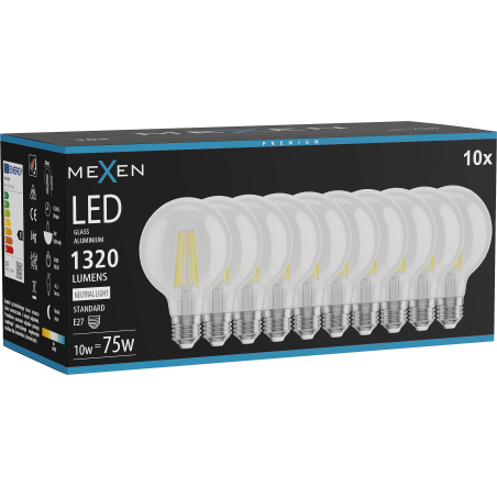 Mexen Vintis 10x LED E27 dieglauskābekļa spuldze, G80, 10W, Neitrāla - 4000K, 1320 lm, caurspīdīga - L155-E27-1040-00x10