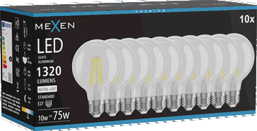 Mexen Vintis 10x LED filamentlamp E27, G80, 10W, Neutraal - 4000K, 1320 lm, helder - L155-E27-1040-00x10