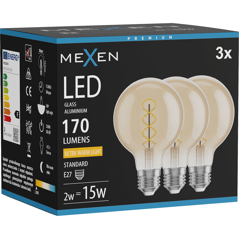 Mexen Vintis 3x Ampoule filament spirale LED E27, G80, 2W, Chaude - 2200K, 170 lm, ambre - L165-E27-0222-50x03
