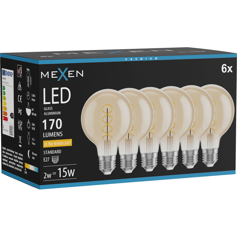 Mexen Vintis 6x LED spirālveida pavediena spuldze E27, G80, 2W, Silts - 2200K, 170 lm, dzeltens - L165-E27-0222-50x06