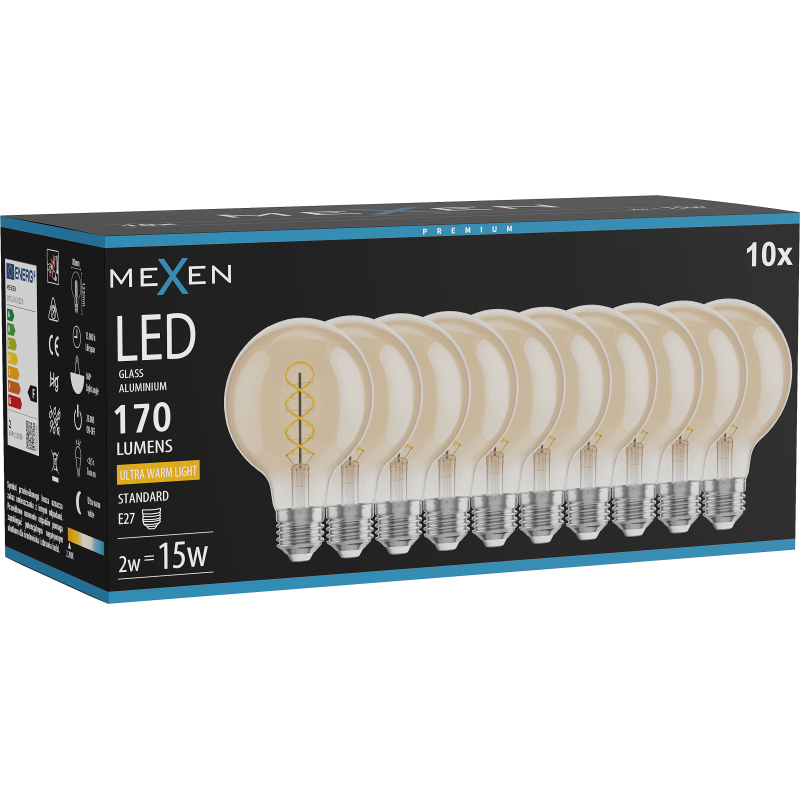 Mexen Vintis 10x LED filament lestenka žarnica E27, G80, 2W, Topla - 2200K, 170 lm, jantar - L165-E27-0222-50x10