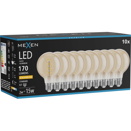 Mexen Vintis 10x Ampoule filament spirale LED E27, G80, 2W, Chaude - 2200K, 170 lm, ambre - L165-E27-0222-50x10