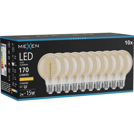 Mexen Vintis 10x żarówka filament spirala LED E27, G80, 2W, Ciepła - 2200K, 170 lm, amber - L165-E27-0222-50x10