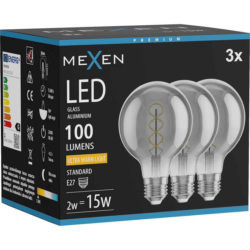 Mexen Vintis 3x Filament-Spiral LED Bir LED E27, G80, 2W, Warm - 2200K, 100 lm, Smoke - L165-E27-0222-70x03
