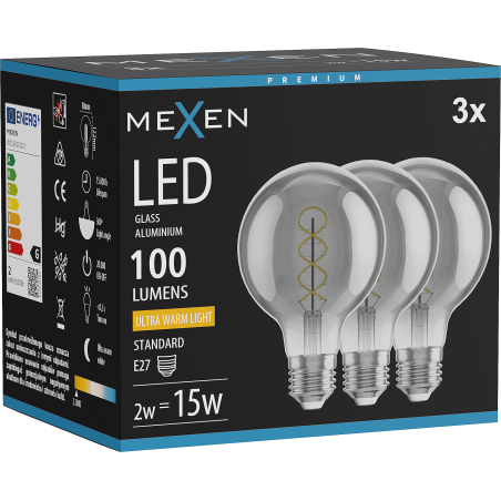 Mexen Vintis 3x żarówka filament spirala LED E27, G80, 2W, Ciepła - 2200K, 100 lm, smoke - L165-E27-0222-70x03