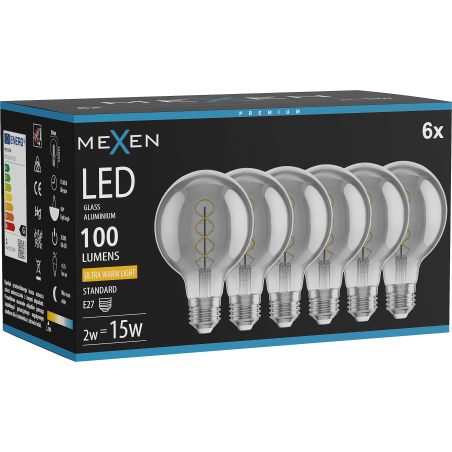 Mexen Vintis 6x LED-Filament-Spirallampe E27, G80, 2W, Warm - 2200K, 100 lm, Rauch - L165-E27-0222-70x06