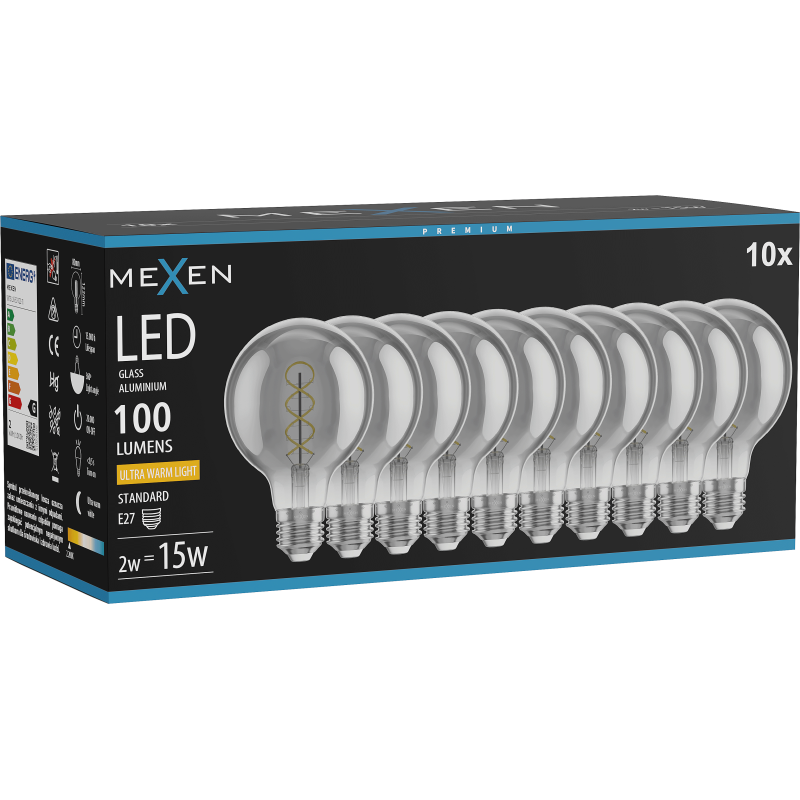 Mexen Vintis 10x Spuldze ar spirālveida kvēldiegu LED E27, G80, 2W, Silta - 2200K, 100 lm, pelēkas dūmu