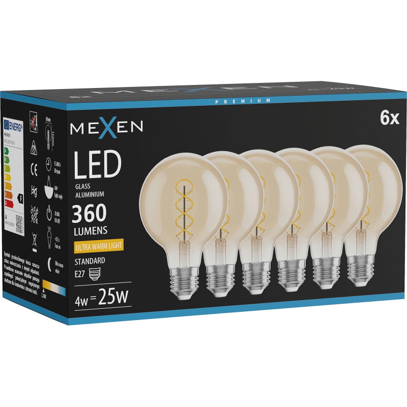 Mexen Vintis 6x LED filament spiraal gloeilamp E27, G80, 4W, Warm - 2200K, 360 lm, amber - L165-E27-0422-50x06