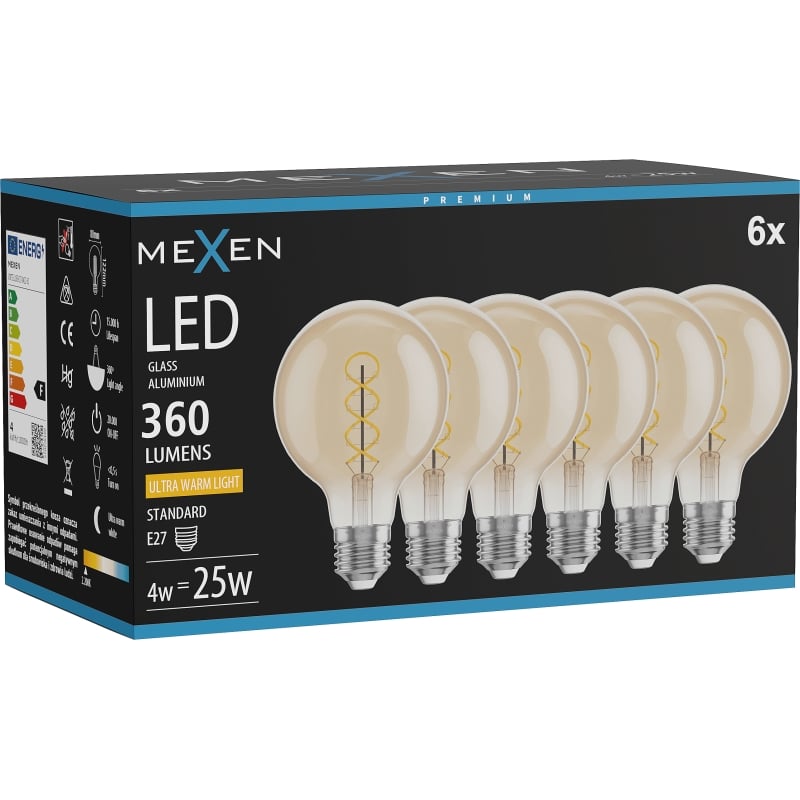 Mexen Vintis 6x LED filament spiral glödlampa E27, G80, 4W, Varm - 2200K, 360 lm, bärnsten - L165-E27-0422-50x06