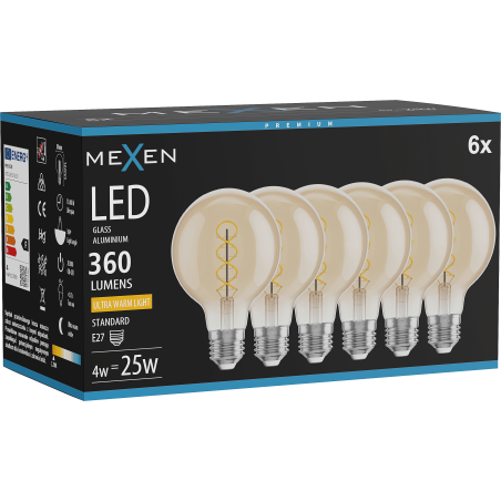 Mexen Vintis 6x LED-Filament-Glühbirne Spirale E27, G80, 4W, Warm - 2200K, 360 lm, Amber - L165-E27-0422-50x06